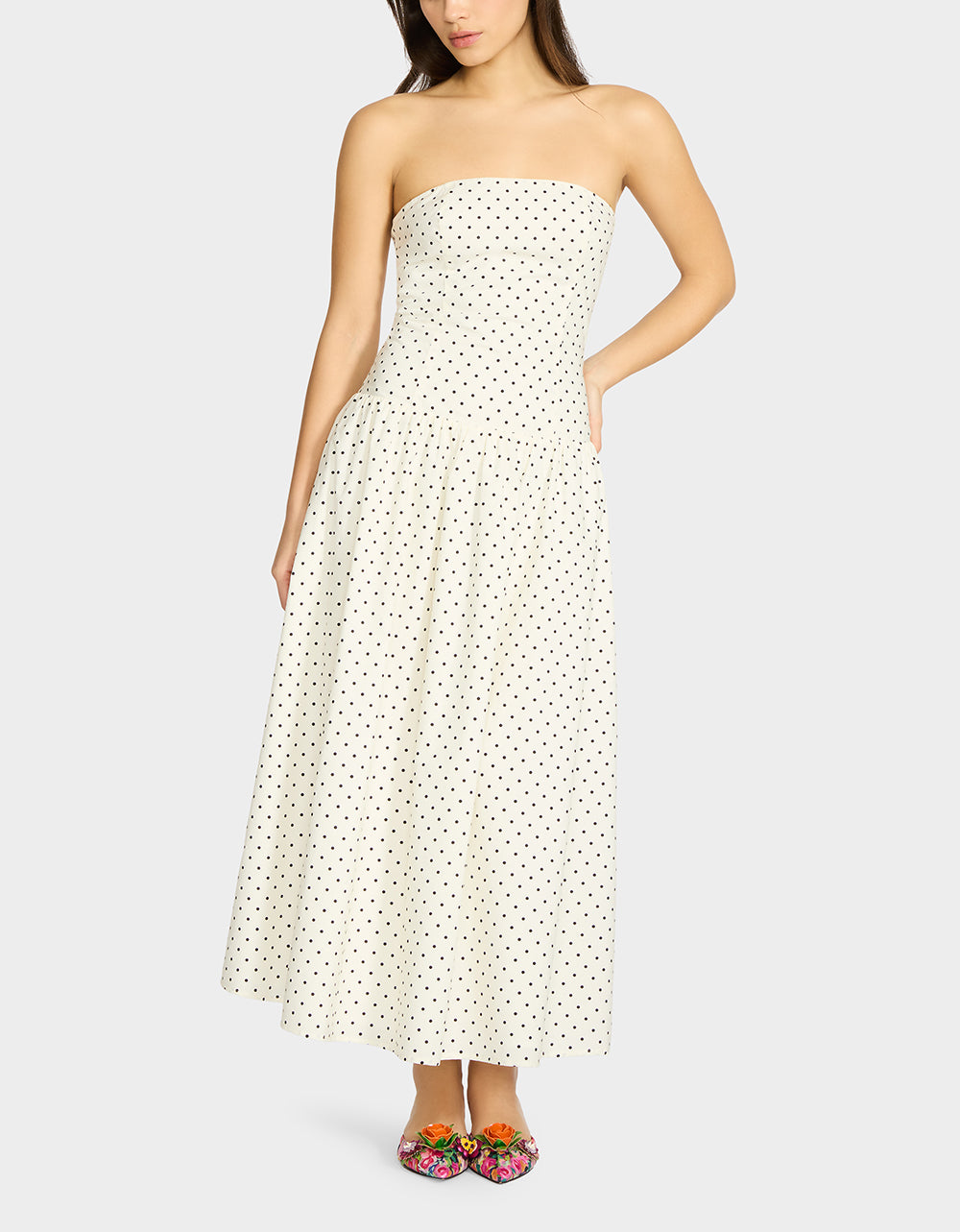 AMALIA STRAPLESS MAXI DRESS BLACK WHITE POLKA DOT