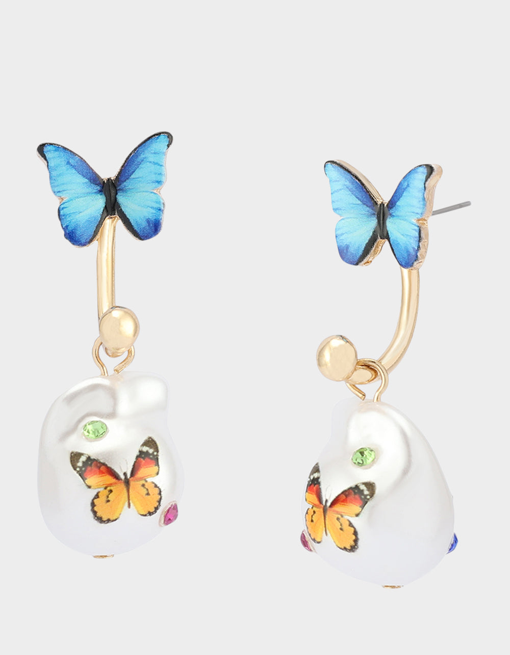 BETSEYS BACKYARD BUTTERFLY PEARL BARBELL EARRINGS BLUE