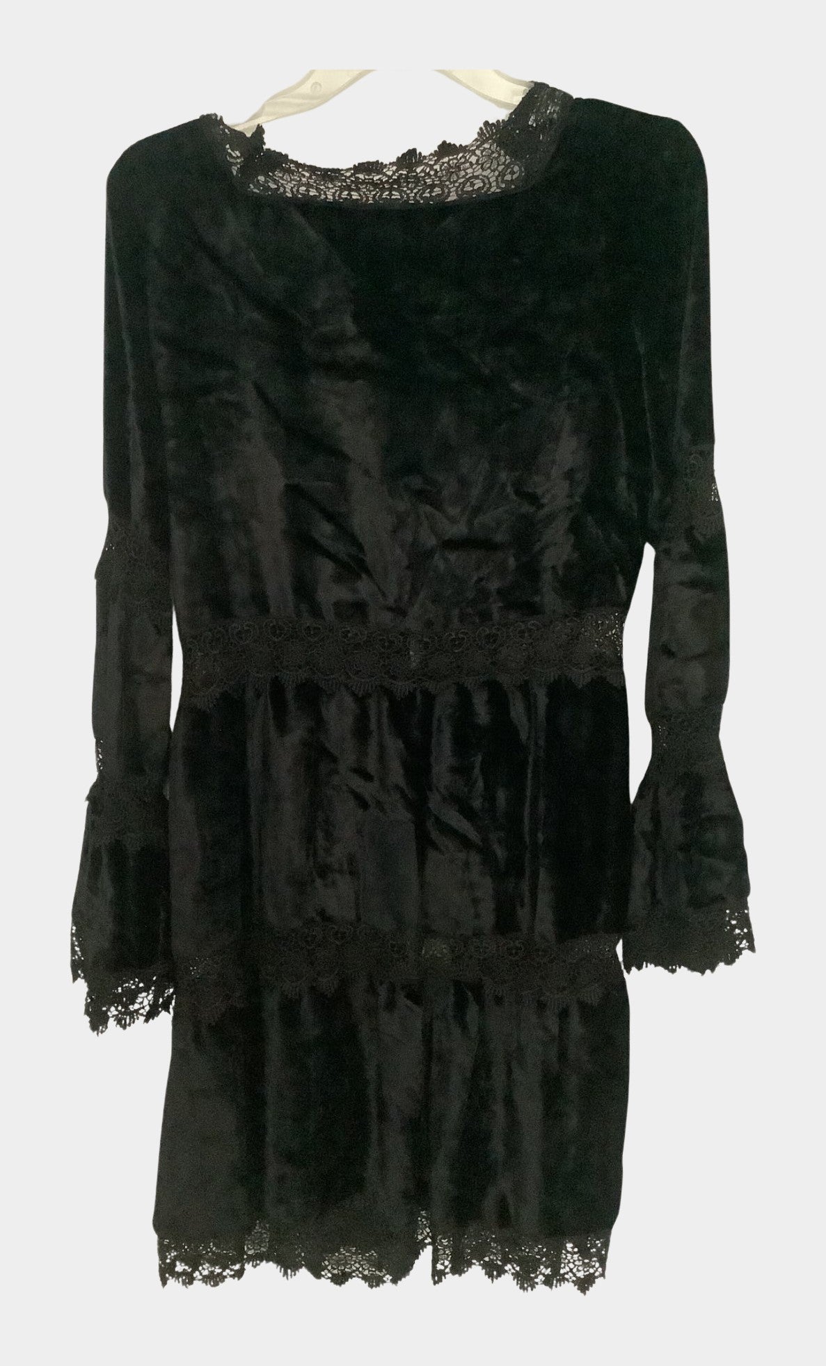 Betsey Johnson Black Velvet Lace-Trimmed Tiered Duster Cardigan w/ 3 Ties S/M NWT | RE:LUV